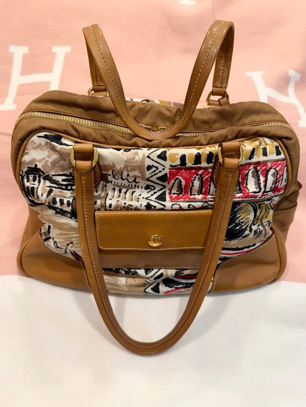 PRADA⭐️Bauletto! Multicolor Shoulder Bag with Brown Leather Trim. Offers!❤️